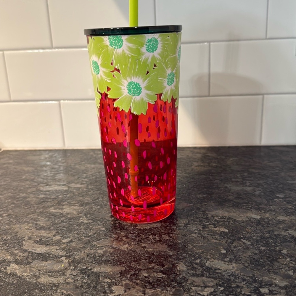 Starbucks Red Tumbler with Green Floral Design - Picture 2 of 2